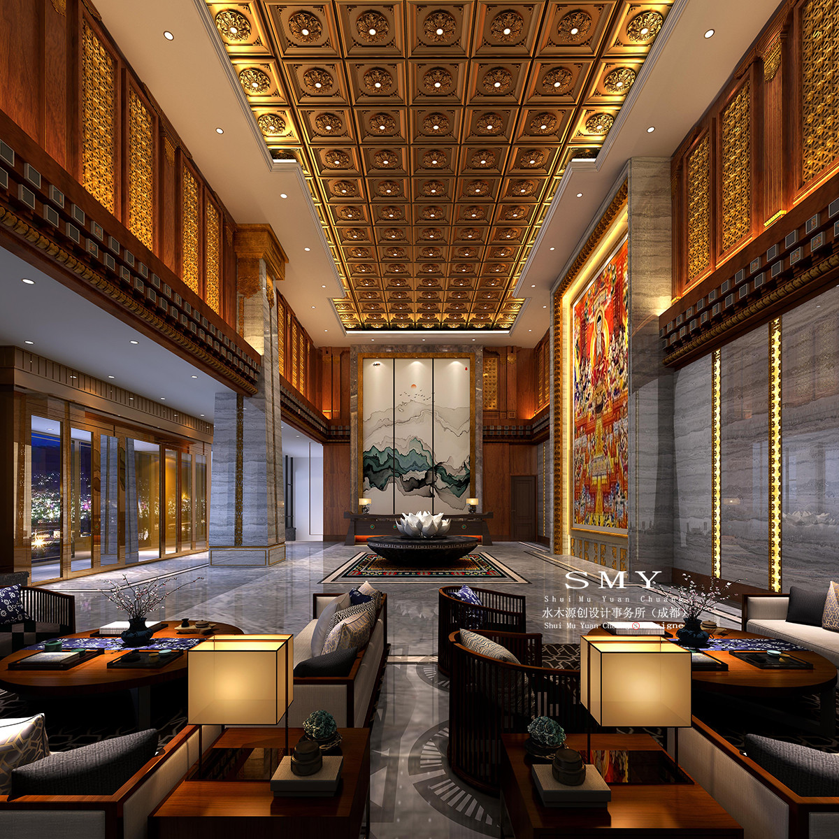 藏式酒店設(shè)計(jì)，酒店大堂大廳空間裝飾設(shè)計(jì)效果圖